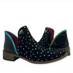 Chanii B Zippette Black Foil Star Ankle Boot Suede Blue Purple Green Bootie 36